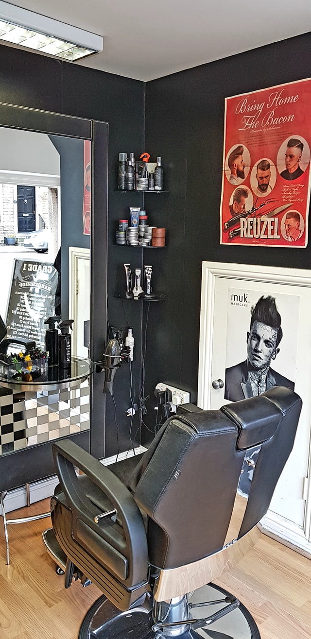 The barber chair and interior at Grade 1, ready for your next haircut