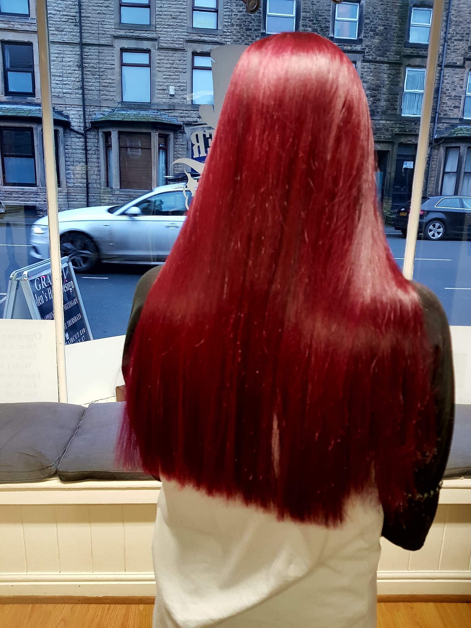 Long red hair styled at Grade 1 in Otley